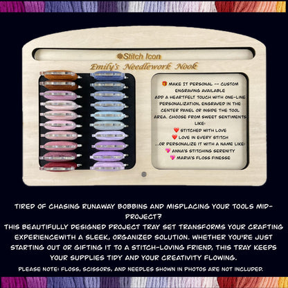 Wooden Project Tray Set–Cross Stitch Organizer with 20 Clear Acrylic Bobbins–Holds Tools,Scissors,Needles–Mother's Day Gift