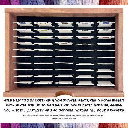 SMALL Wooden DMC Embroidery Floss Organizer Box with Foam Inserts Compact 4 Drawer Embroidery Thread Storage Box-Perfect Gift for Stitchers