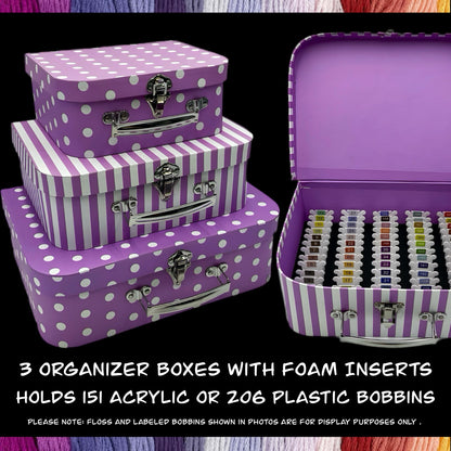 Travel Floss Bobbin Box Set–3 Organizer Boxes with Foam Inserts–Holds 151 Acrylic or 206 Plastic Bobbins–Gift Cross Stitch Storage