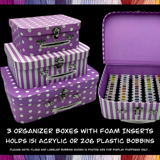 Travel Floss Bobbin Box Set–3 Organizer Boxes with Foam Inserts–Holds 151 Acrylic or 206 Plastic Bobbins–Gift Cross Stitch Storage