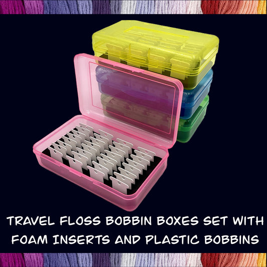 Travel Floss Bobbin Box Set with Foam Inserts–Colorful Cross Stitch Storage Organizer for On-the-Go Projects 96-128 Plastic Bobbins Included