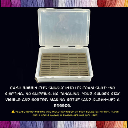 Travel Floss Bobbin Box Set with Foam Inserts–Colorful Cross Stitch Storage Organizer for On-the-Go Projects 48-70 Plastic Bobbins Included