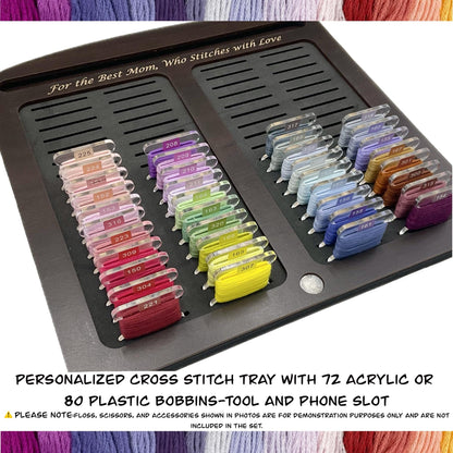 Cross Stitch Tray with 72 Acrylic or 80 Plastic Bobbins–Tool &Phone Slot–Mother's Day Gift for Stitcher–Cherry,Ebony,Black Wood