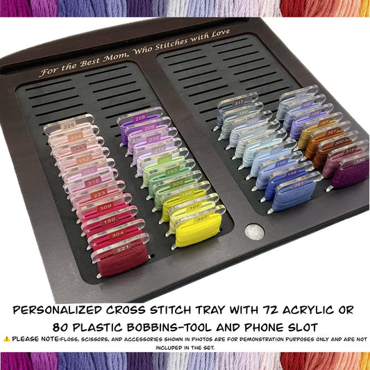 Cross Stitch Tray with 72 Acrylic or 80 Plastic Bobbins–Tool &Phone Slot–Mother's Day Gift for Stitcher–Cherry,Ebony,Black Wood