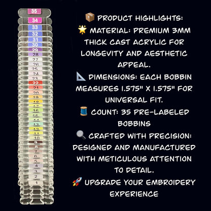 1-35 Pre-Labeled 3mm Clear Acrylic Bobbins: Perfect Gift for Cross-Stitch Embroidery, 35 Colors Prelabeled Acrylic Bobbins Set Best Present