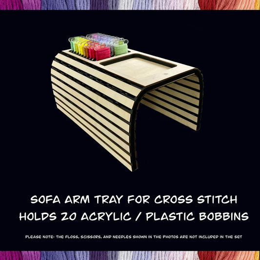 Sofa Arm Tray for Cross-Stitch–Holds 20 Acrylic / Plastic Bobbins–Storage Space for Scissors-Perfect Present Gift TV Chair Armrest Organizer