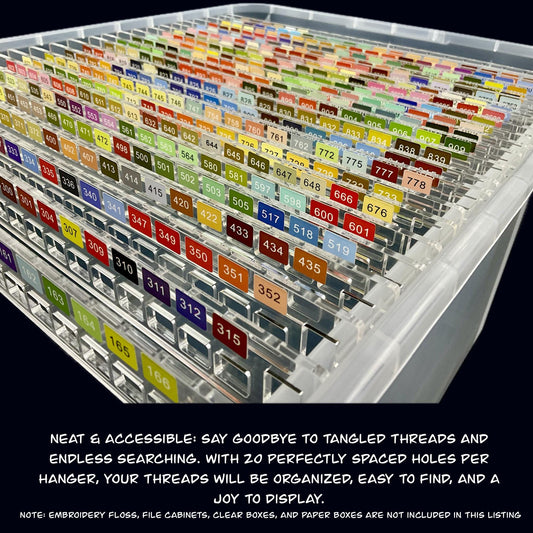 Set of 25 Clear Acrylic Pre-Labeled Floss Hangers for 490 DMC Colors–Perfect Present for Cross Stitchers, Gift Thread Hangers, Foss Storage