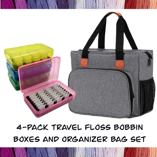 4-Pack Travel Floss Bobbin Boxes & Organizer Bag Set–Cross Stitch Storage for On-the-Go Projects 4 Box 128 Bobbins Gift for Stitcher Mother