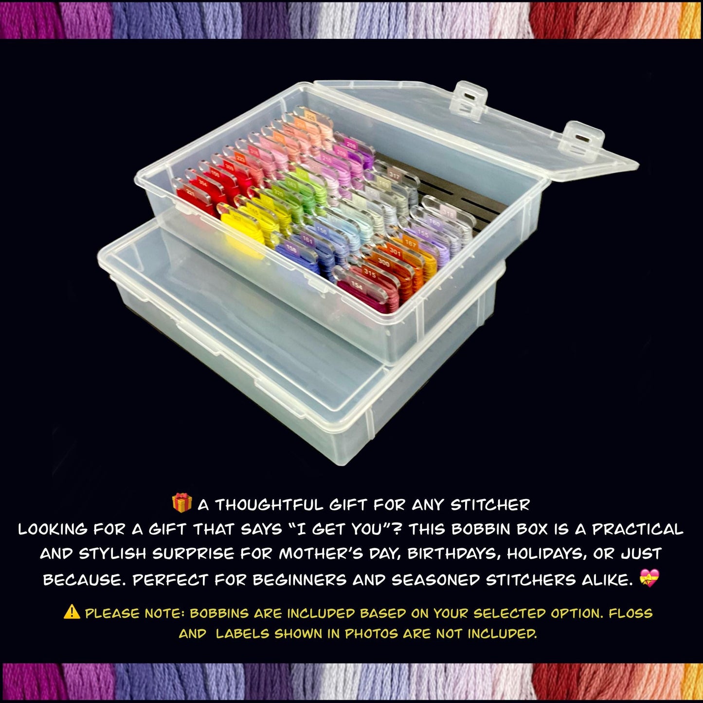 Travel Floss Bobbin Box Set with Foam Inserts–Colorful Cross Stitch Storage Organizer for On-the-Go Projects 48-70 Plastic Bobbins Included