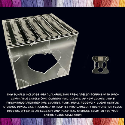 490 DMC-Labeled Acrylic Bobbins & 4 Clear Storage Boxes–Perfect Cross-Stitch Thread Organization Set-Gift for Stitchers Embroidery Lovers
