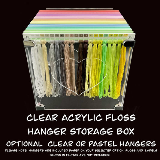 Clear Acrylic Floss Hanger Storage Box–Optional 10 or 20 Clear or Pastel Hangers–Cross Stitch Thread Organizer Gift Present for Stitchers