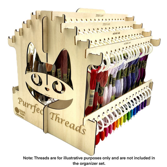Purrfect Threads Floss Organizer: Wooden Cat Design, 160 Slots -Craft Tool for 128 Colors DMC Floss Skeins + 32 Bobbins, Gift Thread Storage