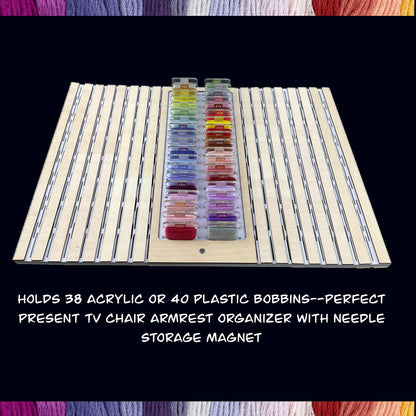 Sofa Arm Tray for Cross-Stitch–Holds 38 Acrylic or 40 Plastic Bobbins–Perfect Present TV Chair Armrest Organizer with Needle Storage Magnet