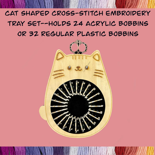 Cat Shaped Cross-Stitch Embroidery Tray Set–Holds 24 Acrylic Bobbins or 32 Regular Plastic Bobbins, Perfect Holiday Gift with Needle Storage