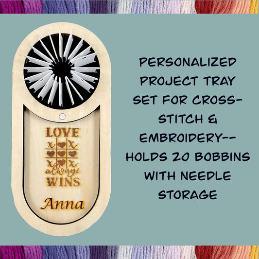 Personalized Project Tray Set for Cross-Stitch & Embroidery–Holds 20 Bobbins with Needle Storage, Perfect Holiday Gift with Custom Engraving
