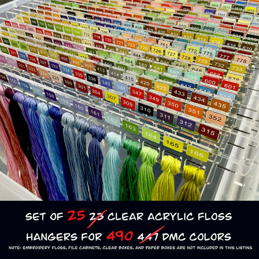 Set of 25 Clear Acrylic Pre-Labeled Floss Hangers for 490 DMC Colors–Perfect Present for Cross Stitchers, Gift Thread Hangers, Foss Storage