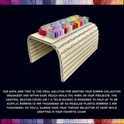 Sofa Arm Tray for Cross-Stitch–Holds 38 Acrylic or 40 Plastic Bobbins–Perfect Present TV Chair Armrest Organizer with Needle Storage Magnet