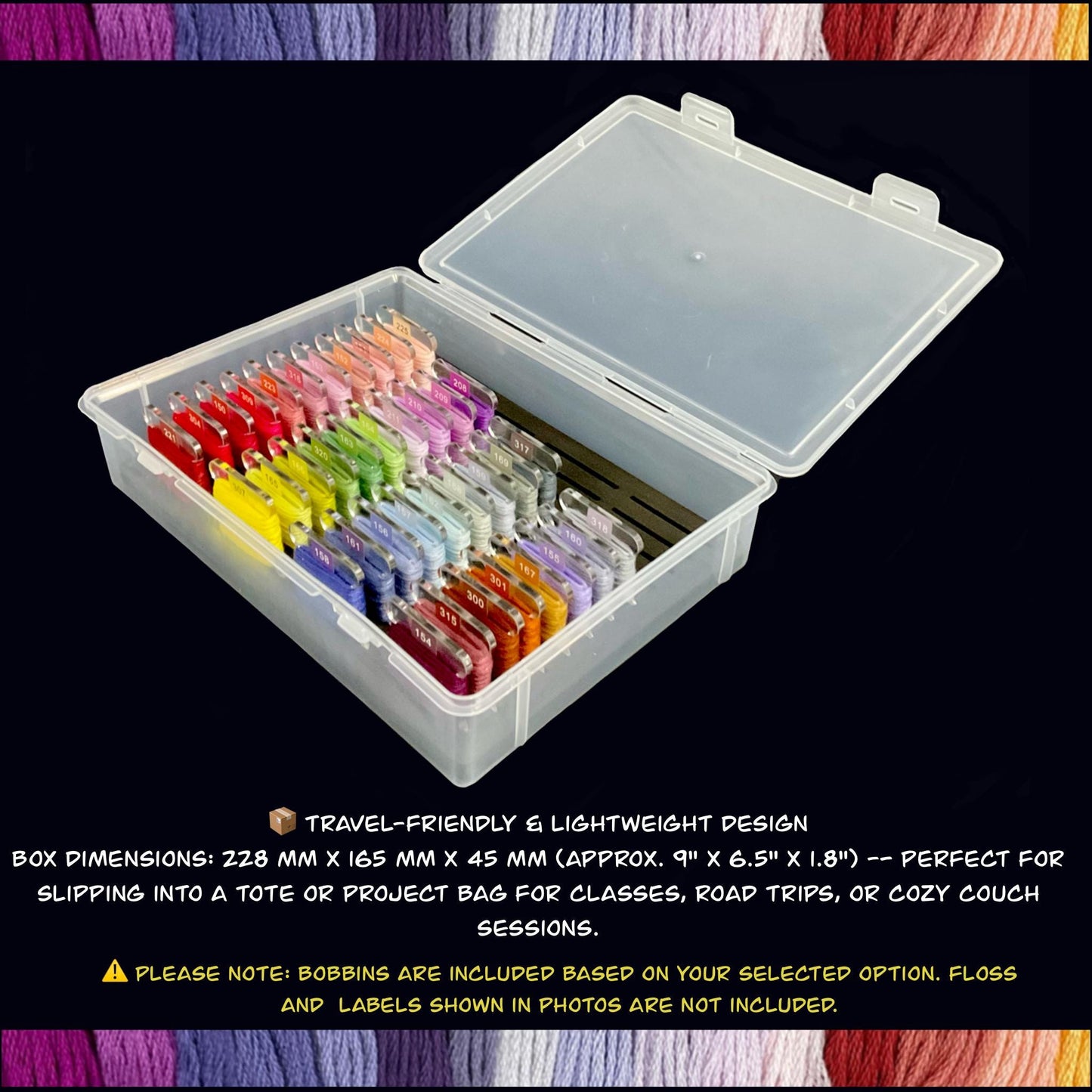 Travel Floss Bobbin Box Set with Foam Inserts–Colorful Cross Stitch Storage Organizer for On-the-Go Projects 48-70 Plastic Bobbins Included
