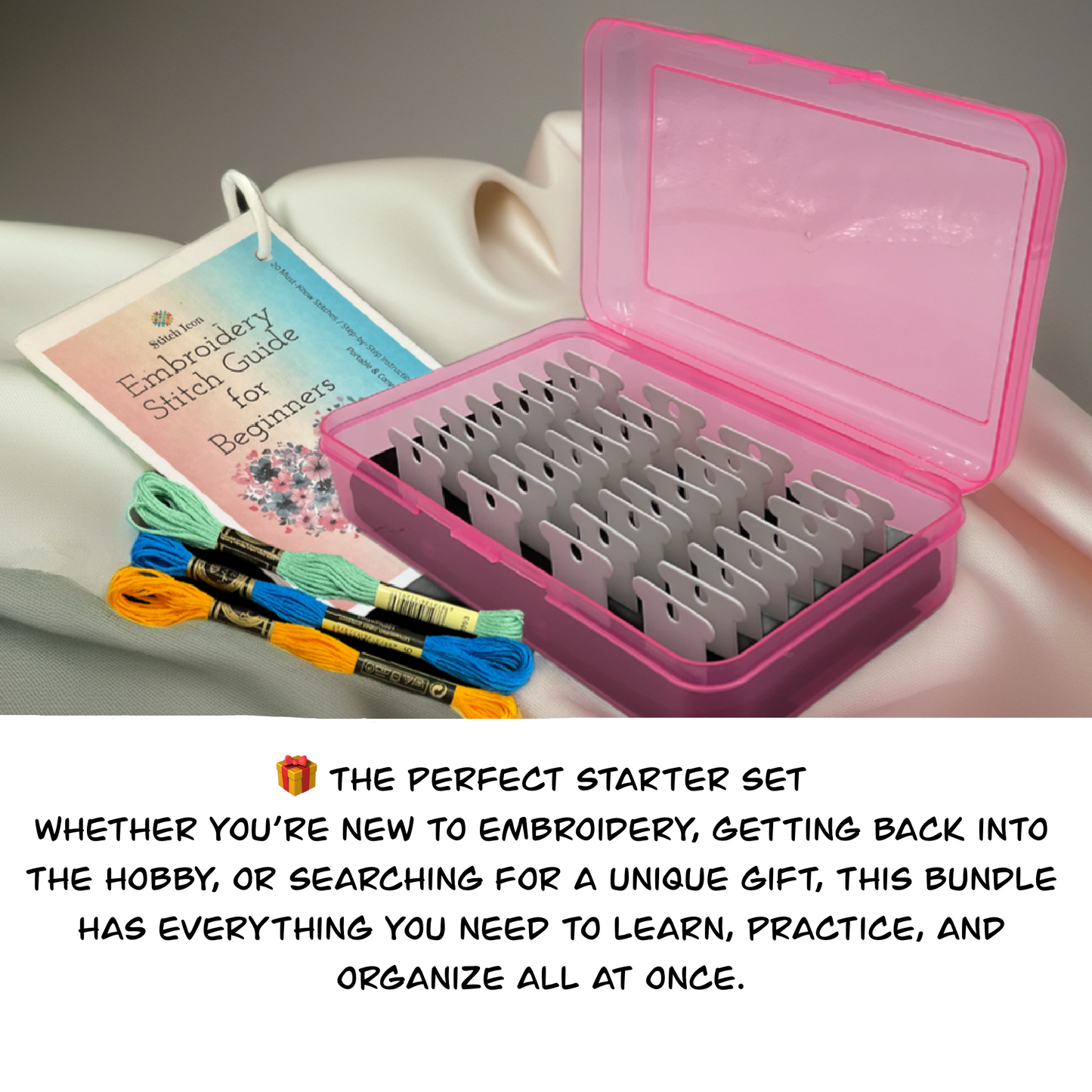 Beginner Embroidery Stitch Cards–Step-by-Step Guide to 20 Essential Stitches,Portable 4×6 Set–Travel Bobbin Organizer,Plastic Bobbins,Floss