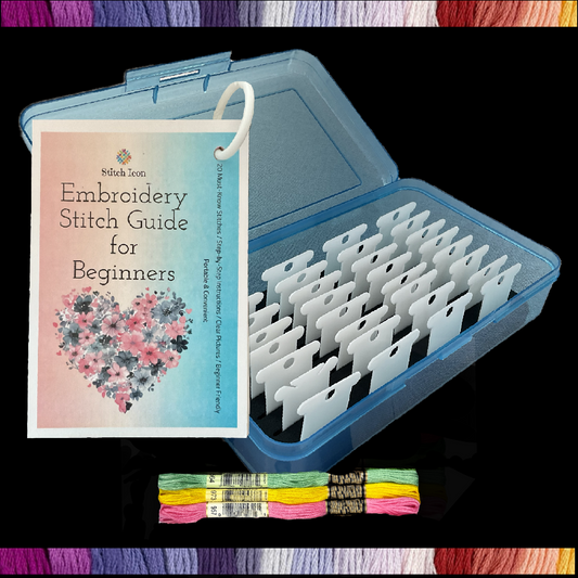 Beginner Embroidery Stitch Cards–Step-by-Step Guide to 20 Essential Stitches,Portable 4×6 Set–Travel Bobbin Organizer,Plastic Bobbins,Floss
