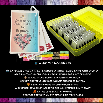 Beginner Embroidery Stitch Cards–Step-by-Step Guide to 20 Essential Stitches,Portable 4×6 Set–Travel Bobbin Organizer,Plastic Bobbins,Floss