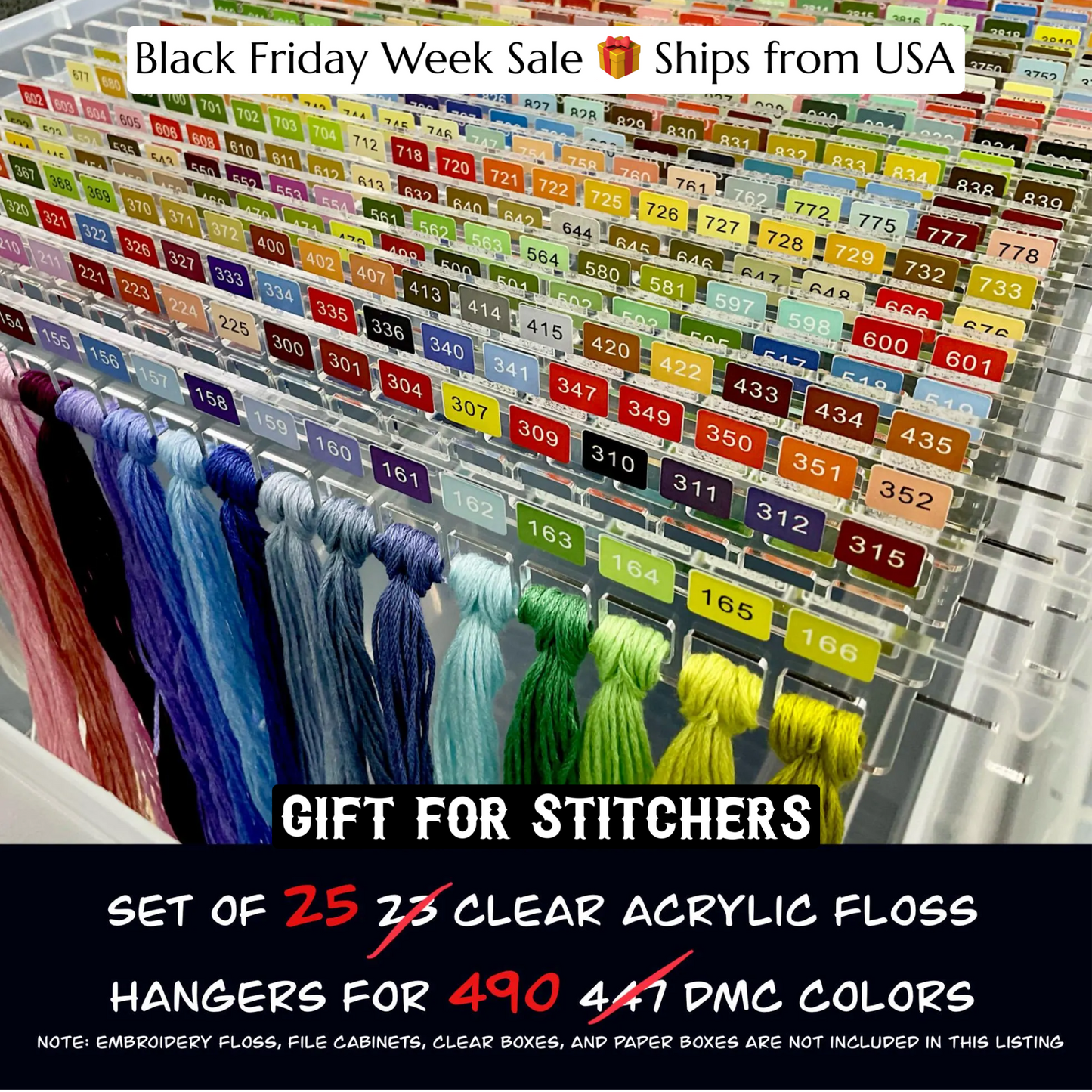 Set of 25 Clear Acrylic Pre-Labeled Floss Hangers for 490 DMC Colors–Perfect Present for Cross Stitchers, Gift Thread Hangers, Foss Storage