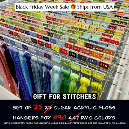 Set of 25 Clear Acrylic Pre-Labeled Floss Hangers for 490 DMC Colors–Perfect Present for Cross Stitchers, Gift Thread Hangers, Foss Storage