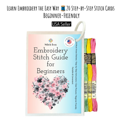 Beginner Embroidery Stitch Cards 20 Stitches 4x6 Step by Step Illustrated Guide with 3 Random Floss Skeins, Learn Hand Embroidery