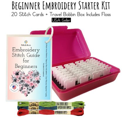 Beginner Embroidery Stitch Cards–Step-by-Step Guide to 20 Essential Stitches,Portable 4×6 Set–Travel Bobbin Organizer,Plastic Bobbins,Floss