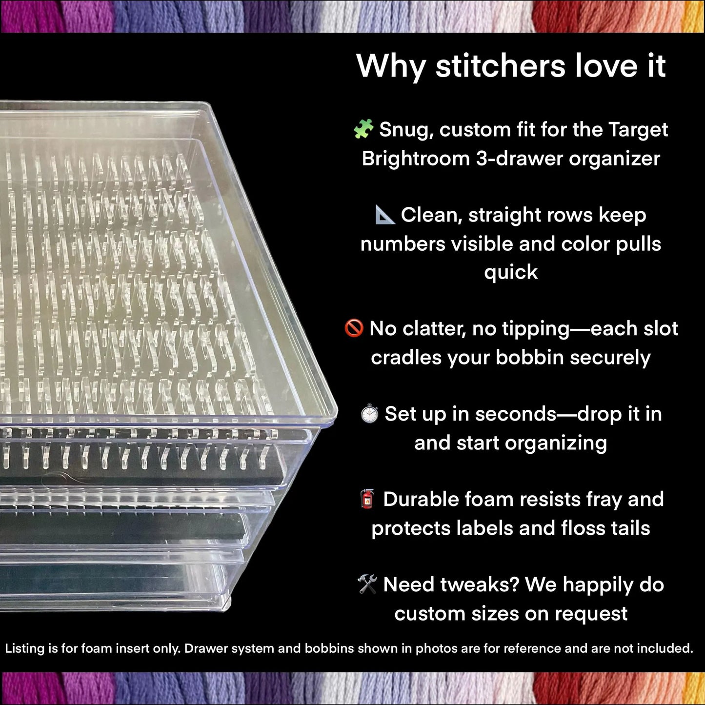 Target Brightroom Drawer Foam Insert Cross Stitch Bobbin Organizer 150 Capacity DMC Plastic or 2-3mm Acrylic Bobbins