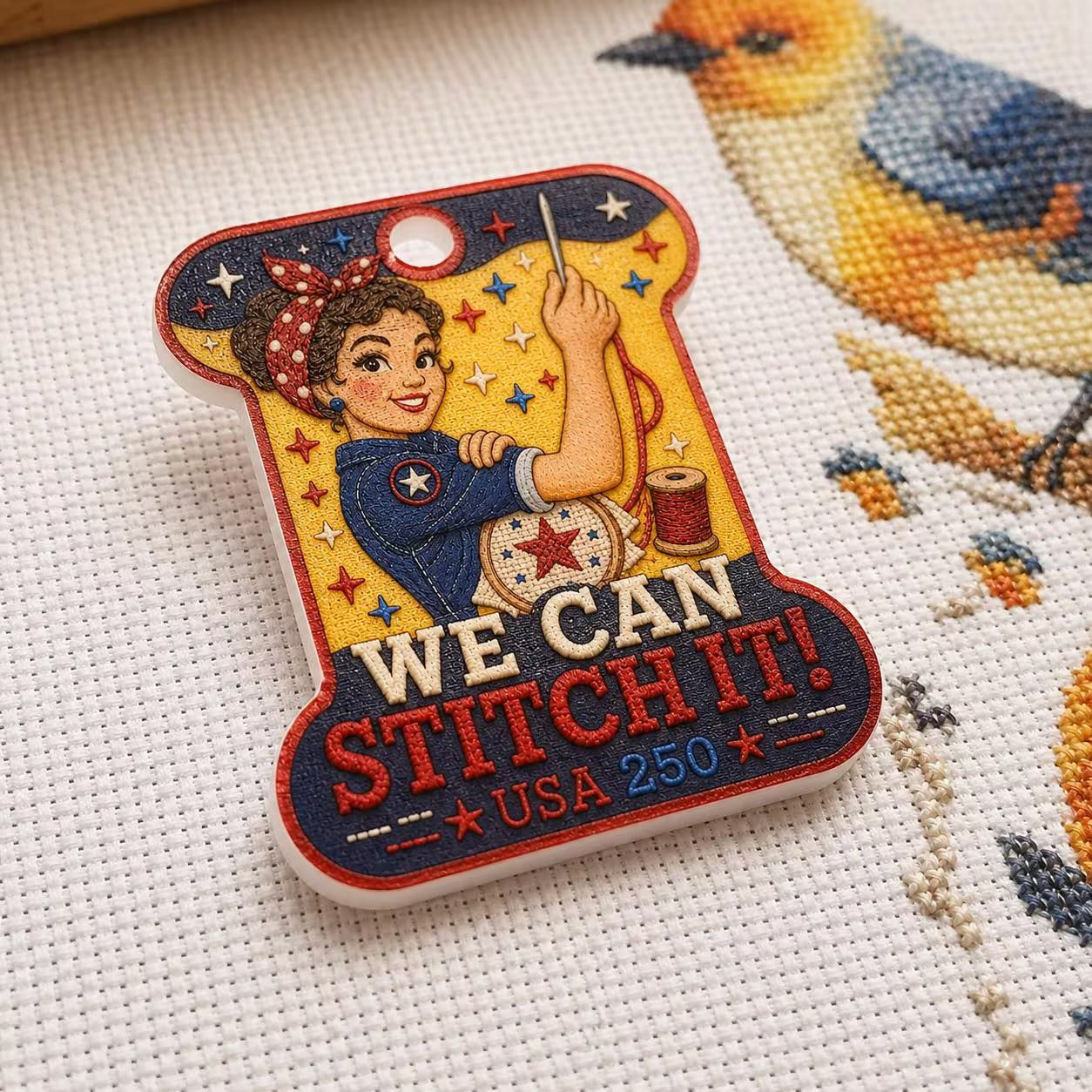 Patriotic Needle Minder, We Can Stitch It Cross Stitch Magnet, Rosie Inspired Embroidery Needle Keeper, USA 250 Stitcher Gift