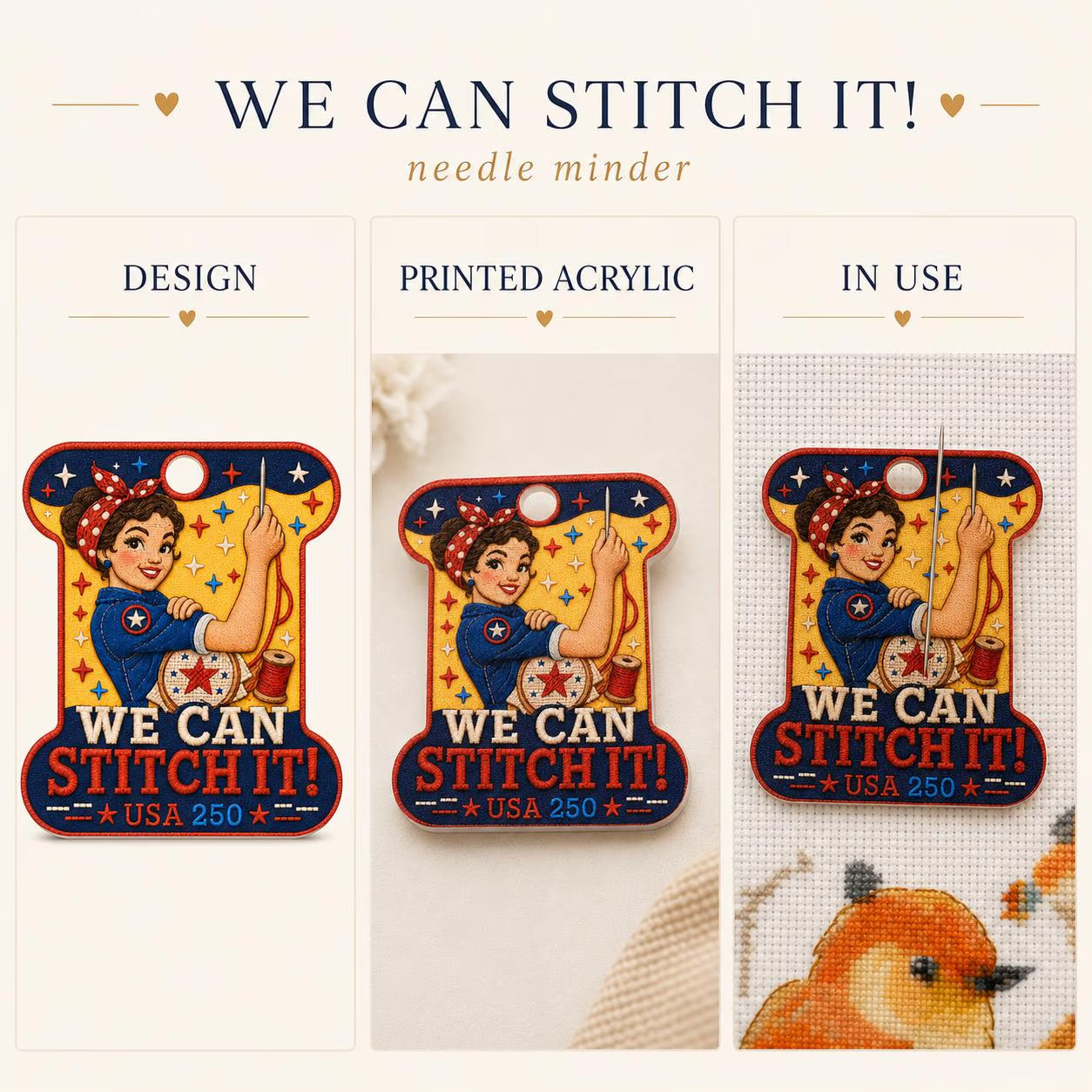Patriotic Needle Minder, We Can Stitch It Cross Stitch Magnet, Rosie Inspired Embroidery Needle Keeper, USA 250 Stitcher Gift