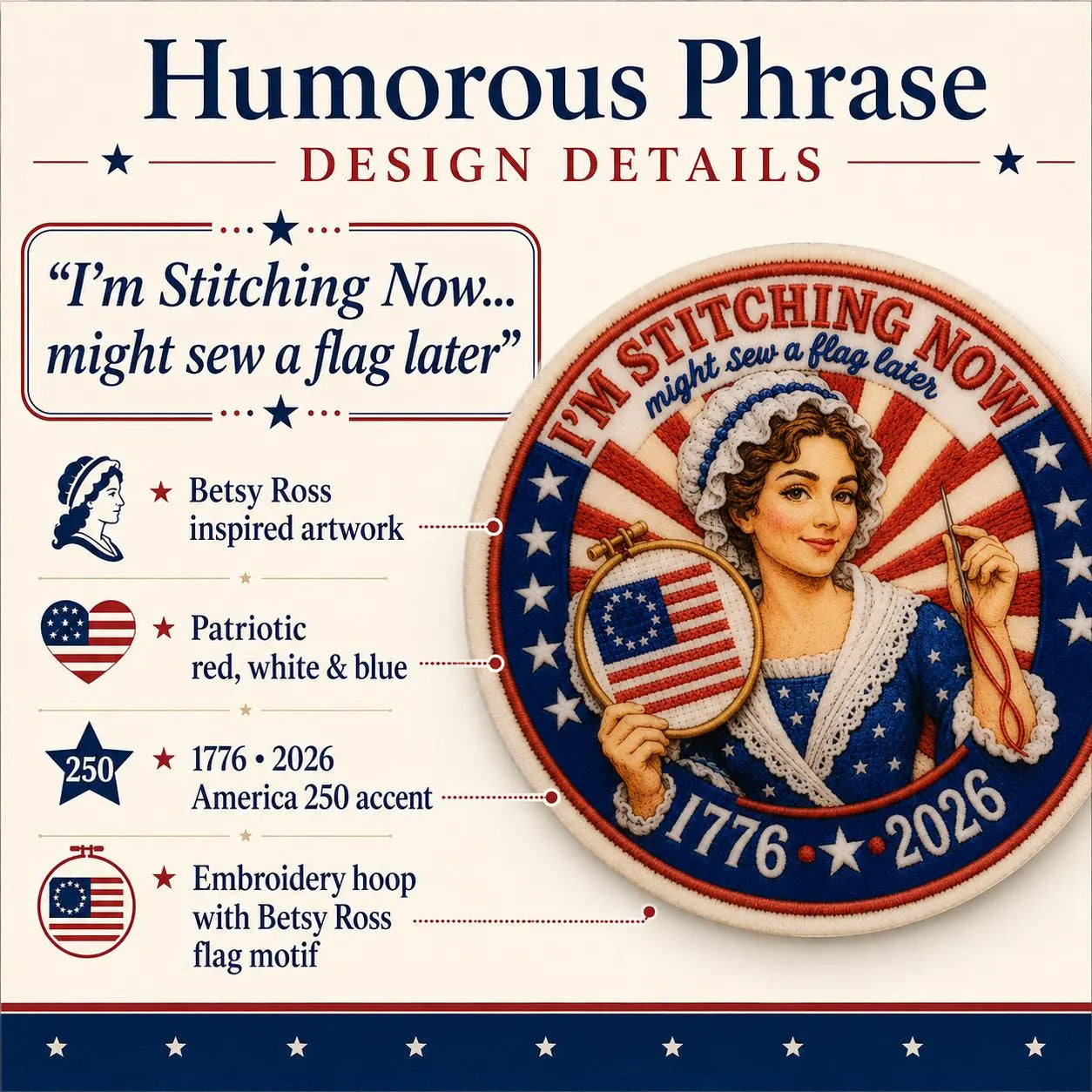 Betsy Ross Needle Minder, Patriotic Cross Stitch Magnet, I’m Stitching Now Flag Later, USA 250 Needle Keeper, Stitcher Gift
