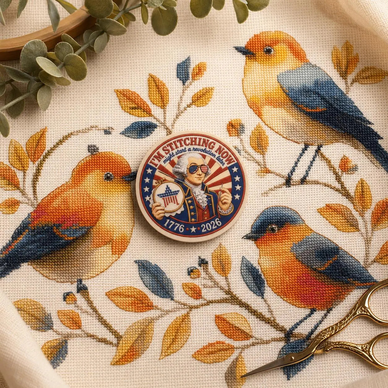 Patriotic Needle Minder, Funny Cross Stitch Magnet, I’m Stitching Now Revolution Later, USA 250 Embroidery Needle Keeper, Stitcher Gift