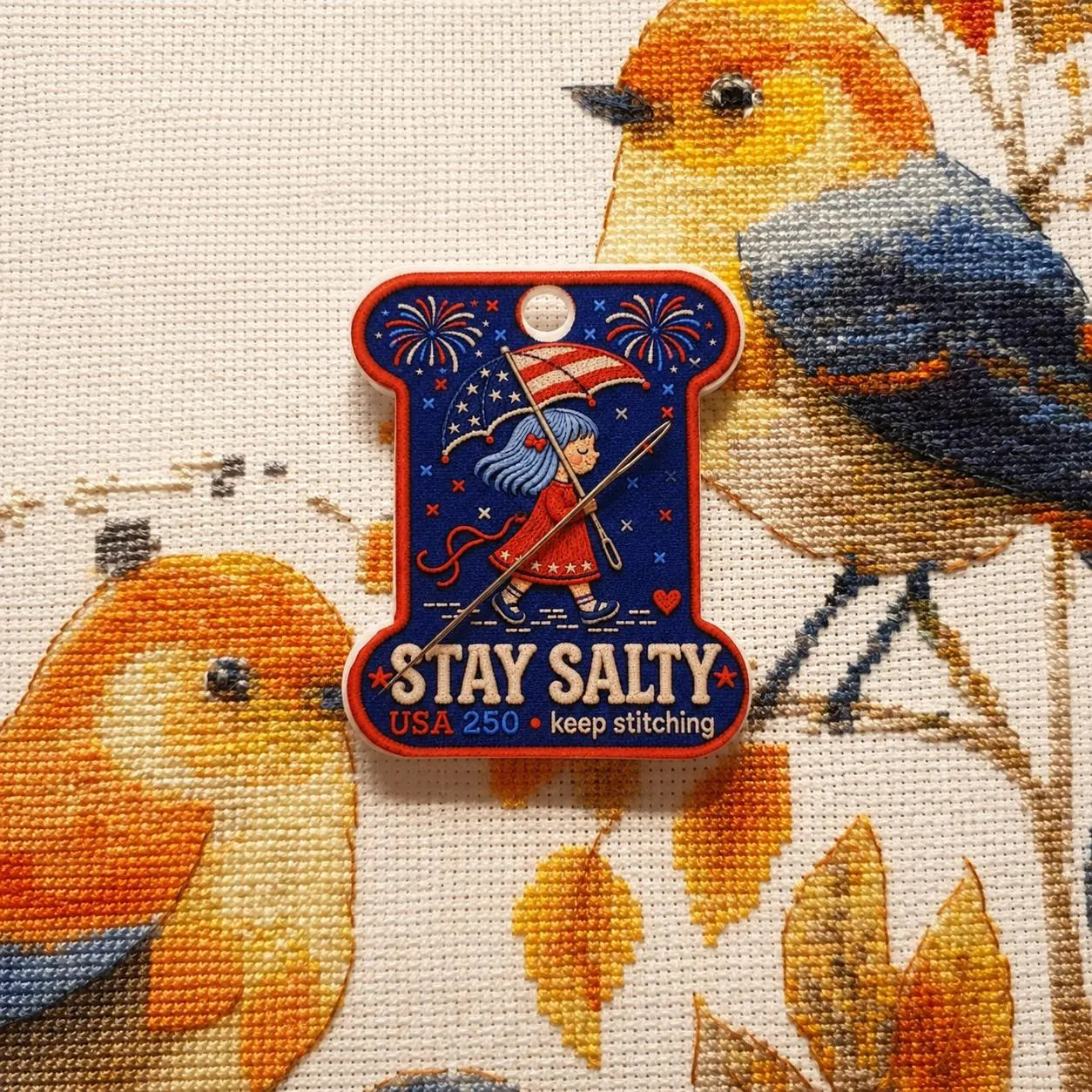 Patriotic Needle Minder, Stay Salty Cross Stitch Magnet, USA 250 Embroidery Needle Keeper, 4th of July Stitcher Gift