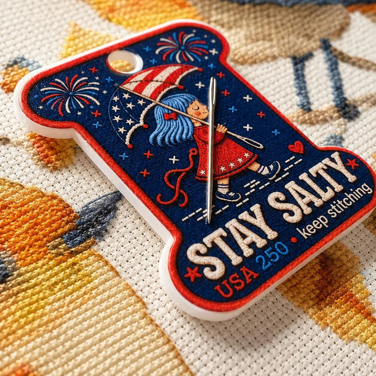 Patriotic Needle Minder, Stay Salty Cross Stitch Magnet, USA 250 Embroidery Needle Keeper, 4th of July Stitcher Gift