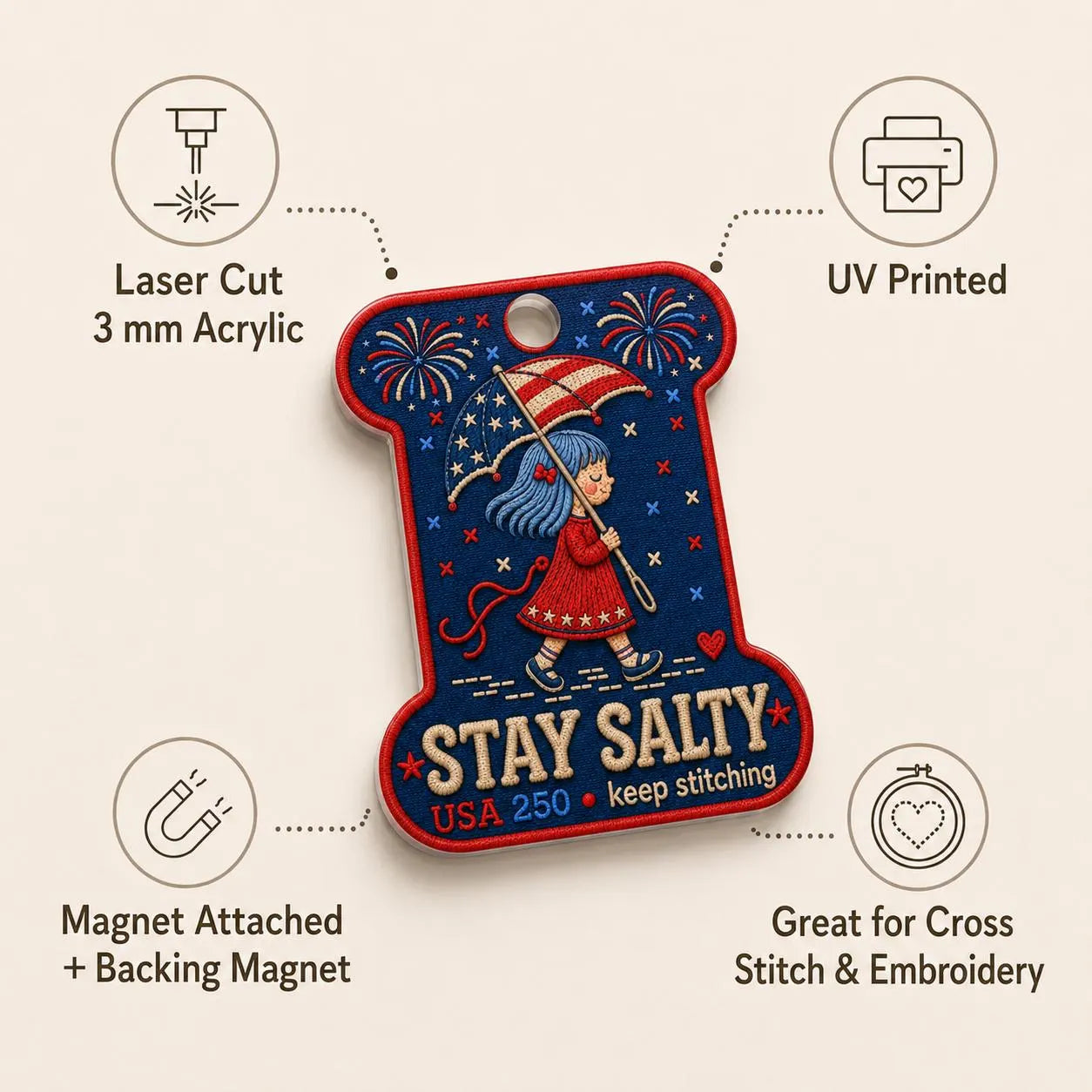 Patriotic Needle Minder, Stay Salty Cross Stitch Magnet, USA 250 Embroidery Needle Keeper, 4th of July Stitcher Gift