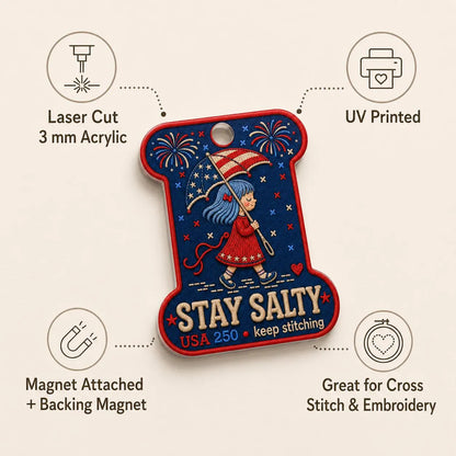 Patriotic Needle Minder, Stay Salty Cross Stitch Magnet, USA 250 Embroidery Needle Keeper, 4th of July Stitcher Gift
