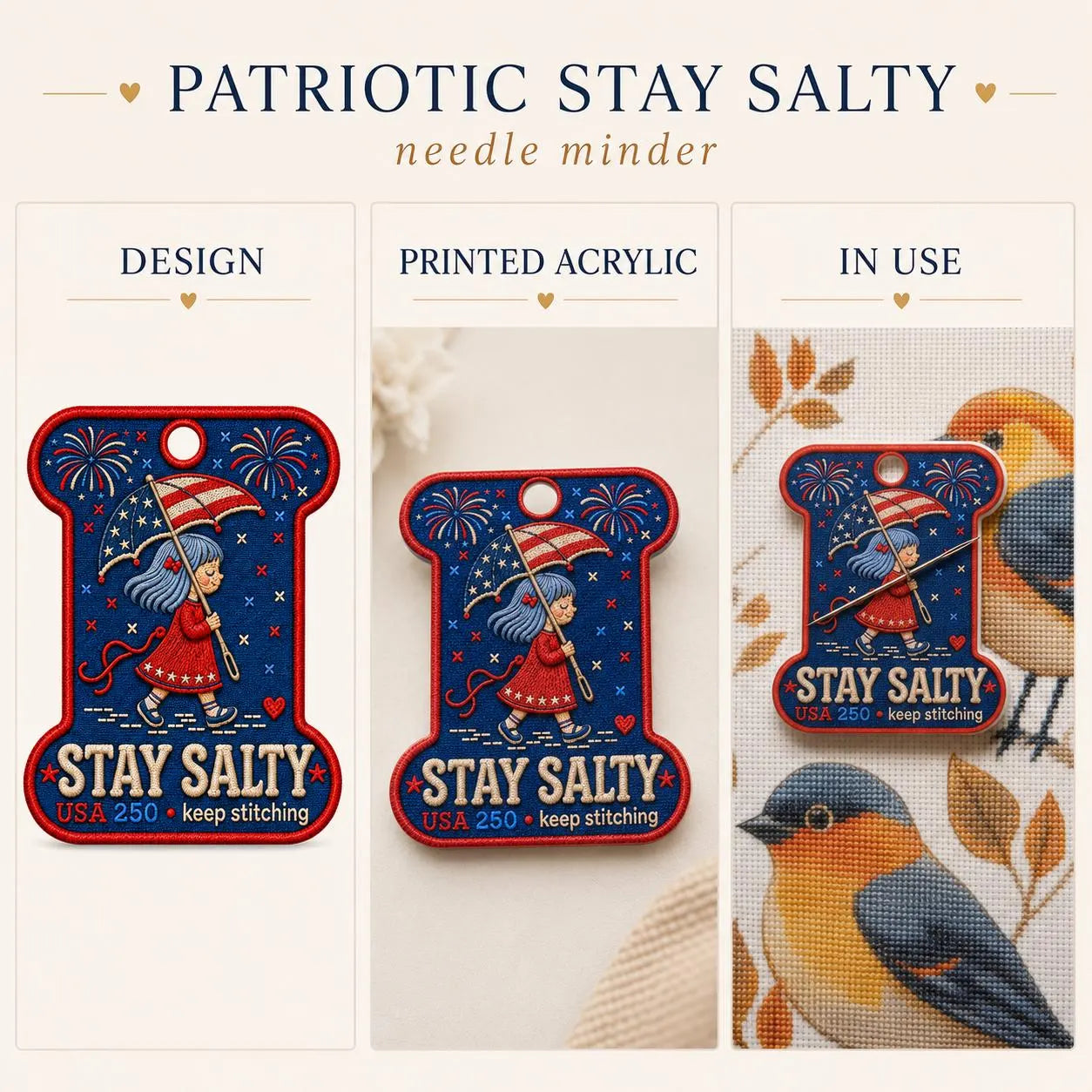 Patriotic Needle Minder, Stay Salty Cross Stitch Magnet, USA 250 Embroidery Needle Keeper, 4th of July Stitcher Gift