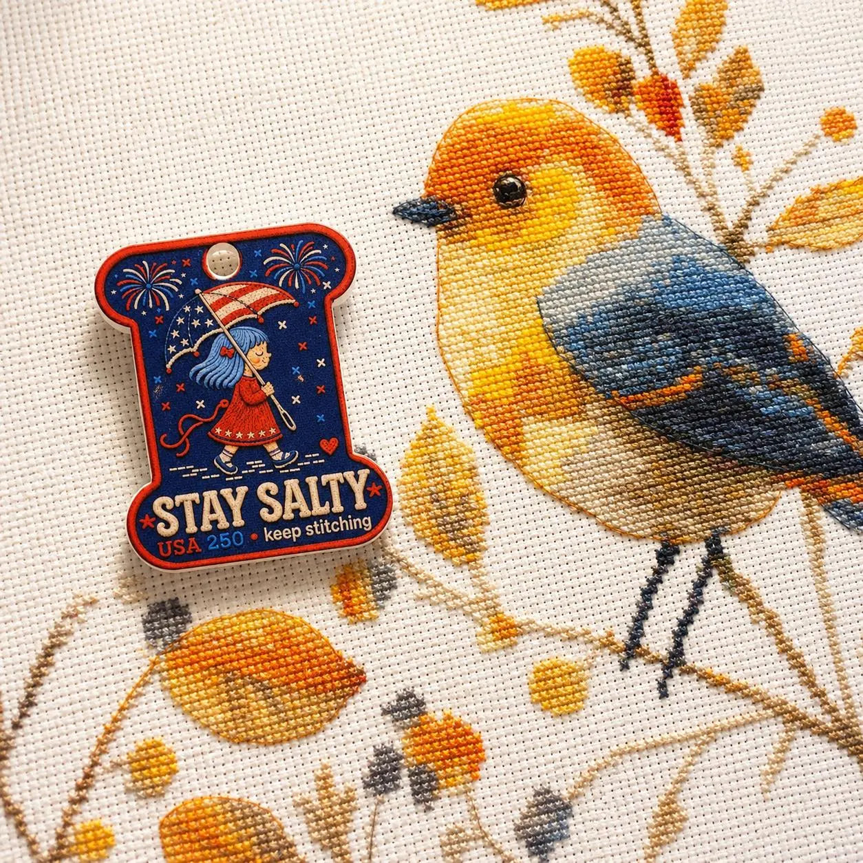 Patriotic Needle Minder, Stay Salty Cross Stitch Magnet, USA 250 Embroidery Needle Keeper, 4th of July Stitcher Gift