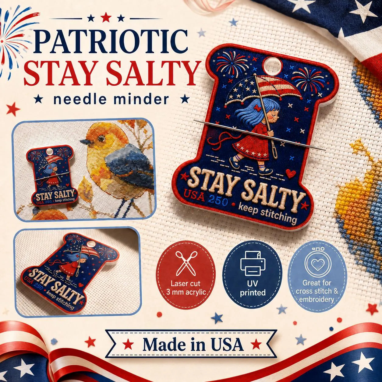 Patriotic Needle Minder, Stay Salty Cross Stitch Magnet, USA 250 Embroidery Needle Keeper, 4th of July Stitcher Gift