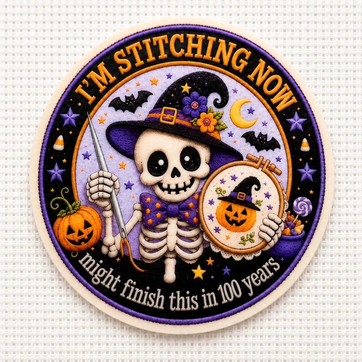 Skeleton Needle Minder, Halloween Cross Stitch Magnet, I’m Stitching Now 100 Years Later, Funny Embroidery Needle Keeper, Stitcher Gift