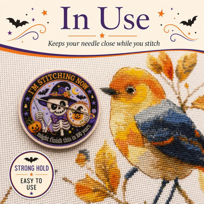 Skeleton Needle Minder, Halloween Cross Stitch Magnet, I’m Stitching Now 100 Years Later, Funny Embroidery Needle Keeper, Stitcher Gift