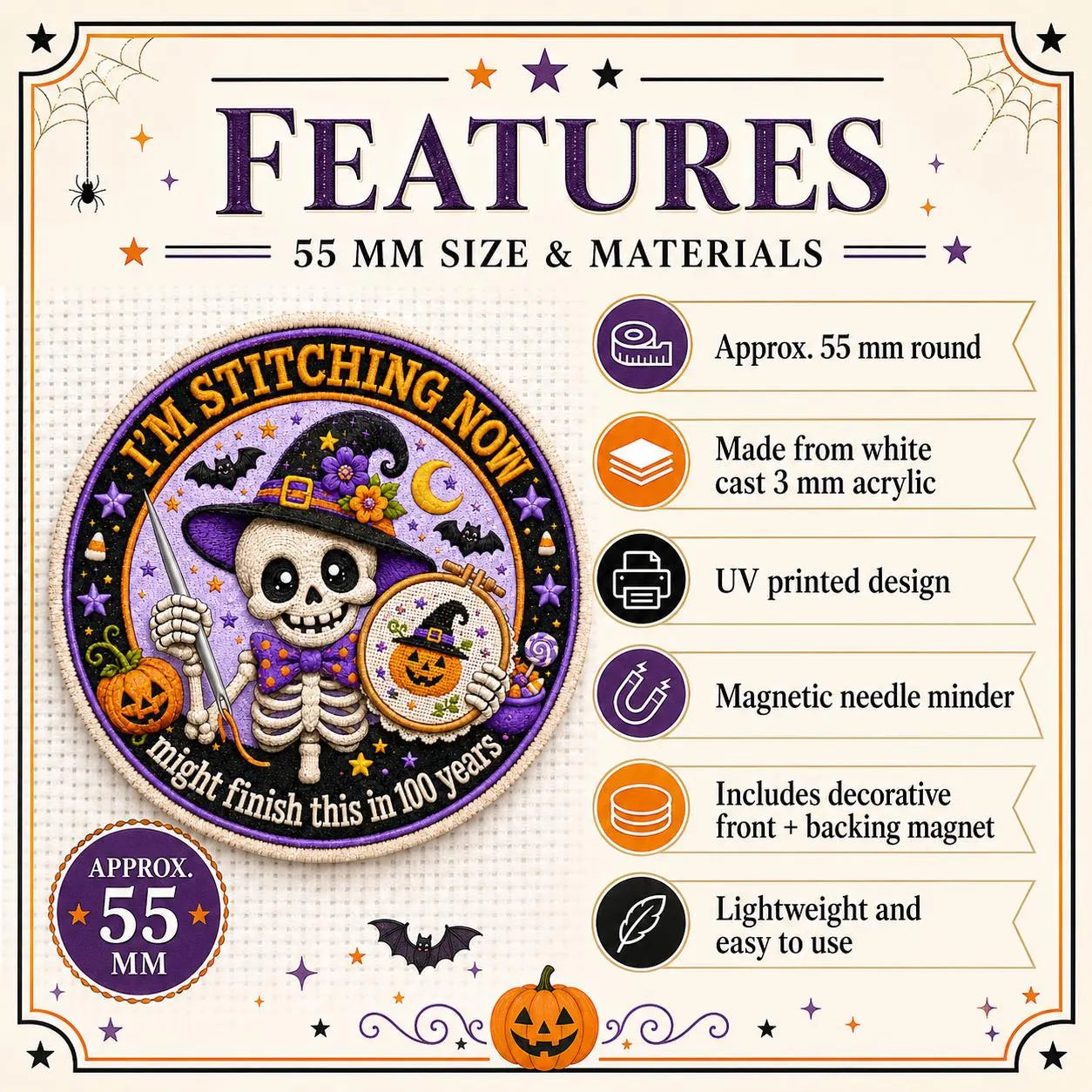 Skeleton Needle Minder, Halloween Cross Stitch Magnet, I’m Stitching Now 100 Years Later, Funny Embroidery Needle Keeper, Stitcher Gift