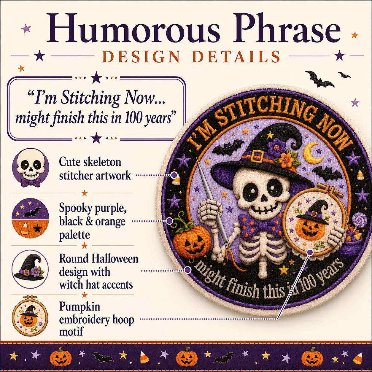 Skeleton Needle Minder, Halloween Cross Stitch Magnet, I’m Stitching Now 100 Years Later, Funny Embroidery Needle Keeper, Stitcher Gift