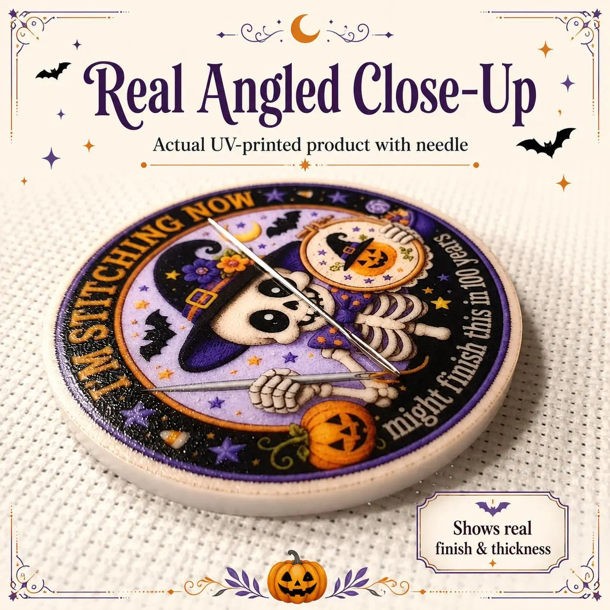 Skeleton Needle Minder, Halloween Cross Stitch Magnet, I’m Stitching Now 100 Years Later, Funny Embroidery Needle Keeper, Stitcher Gift