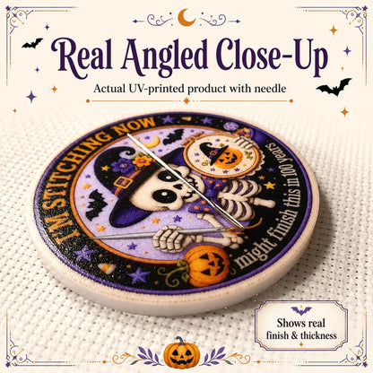 Skeleton Needle Minder, Halloween Cross Stitch Magnet, I’m Stitching Now 100 Years Later, Funny Embroidery Needle Keeper, Stitcher Gift