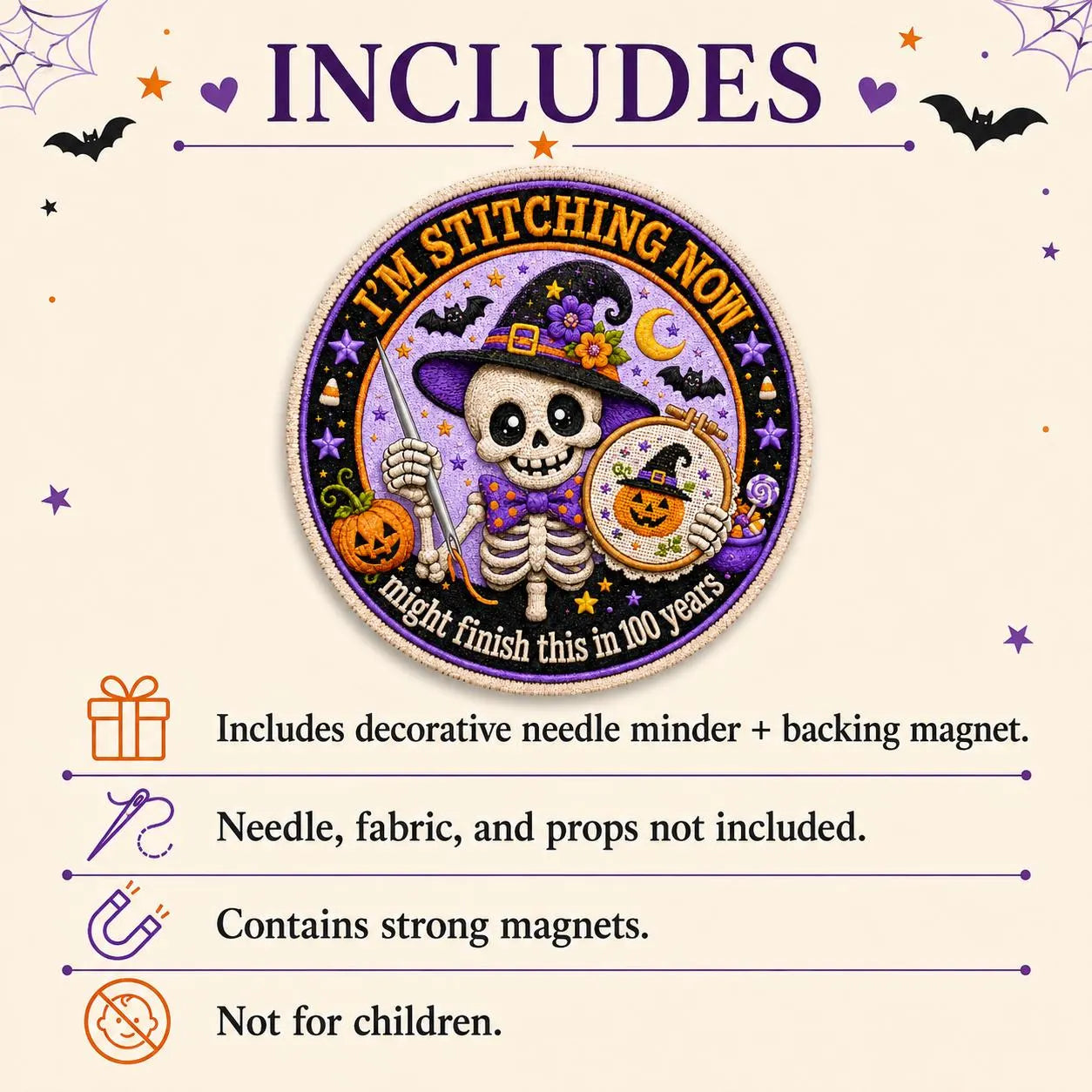 Skeleton Needle Minder, Halloween Cross Stitch Magnet, I’m Stitching Now 100 Years Later, Funny Embroidery Needle Keeper, Stitcher Gift