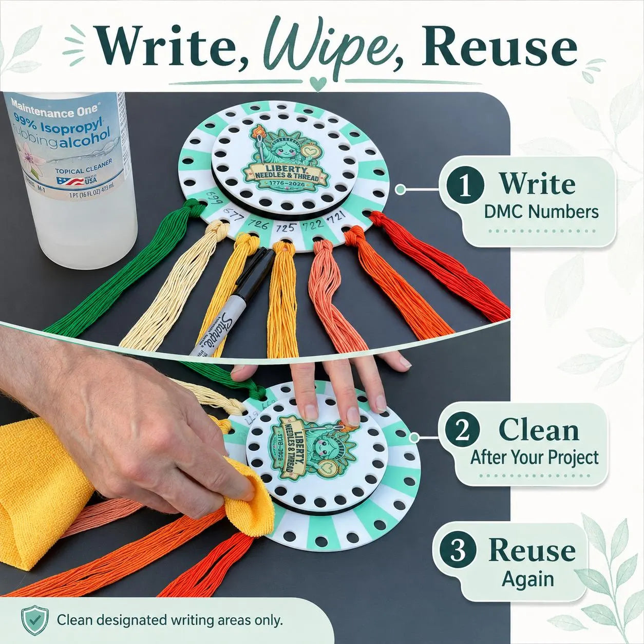 Cross Stitch Project Organizer, 20-Color Floss Holder with Needle Parking, Reusable DMC Number Chart, Liberty Stitching Gift