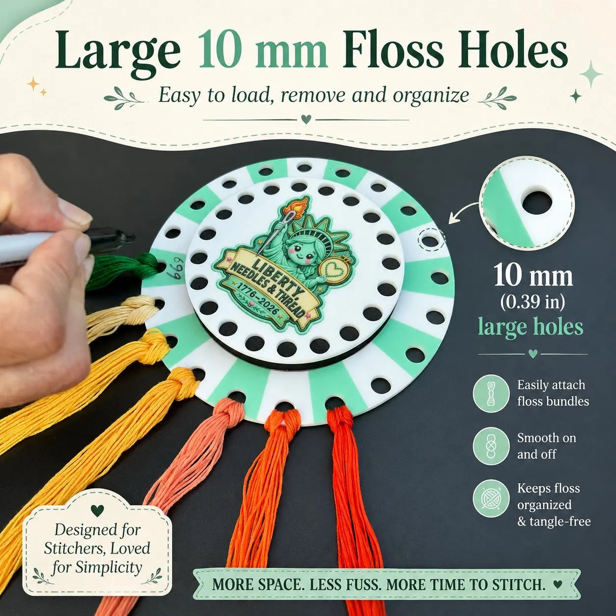 Cross Stitch Project Organizer, 20-Color Floss Holder with Needle Parking, Reusable DMC Number Chart, Liberty Stitching Gift